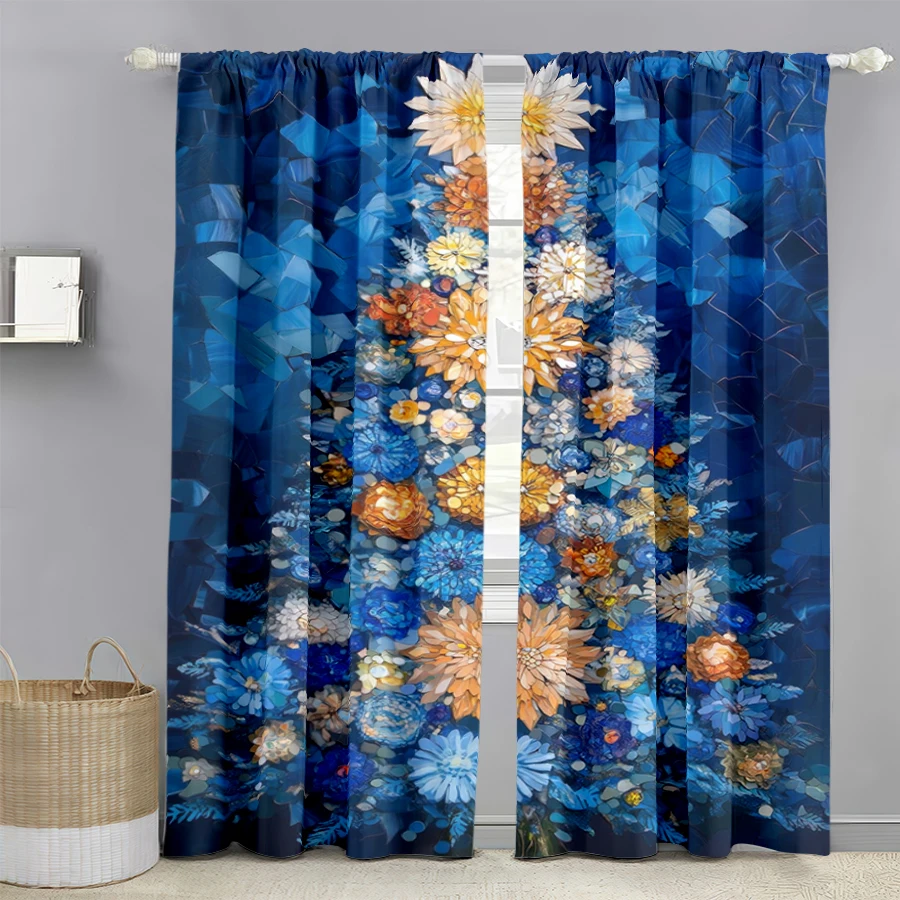2PCS Digital Print Curtains, Deep Blue Mosaic Background Floral Christmas Tree Blue Orange White Flowers, Artistic Stained Glass