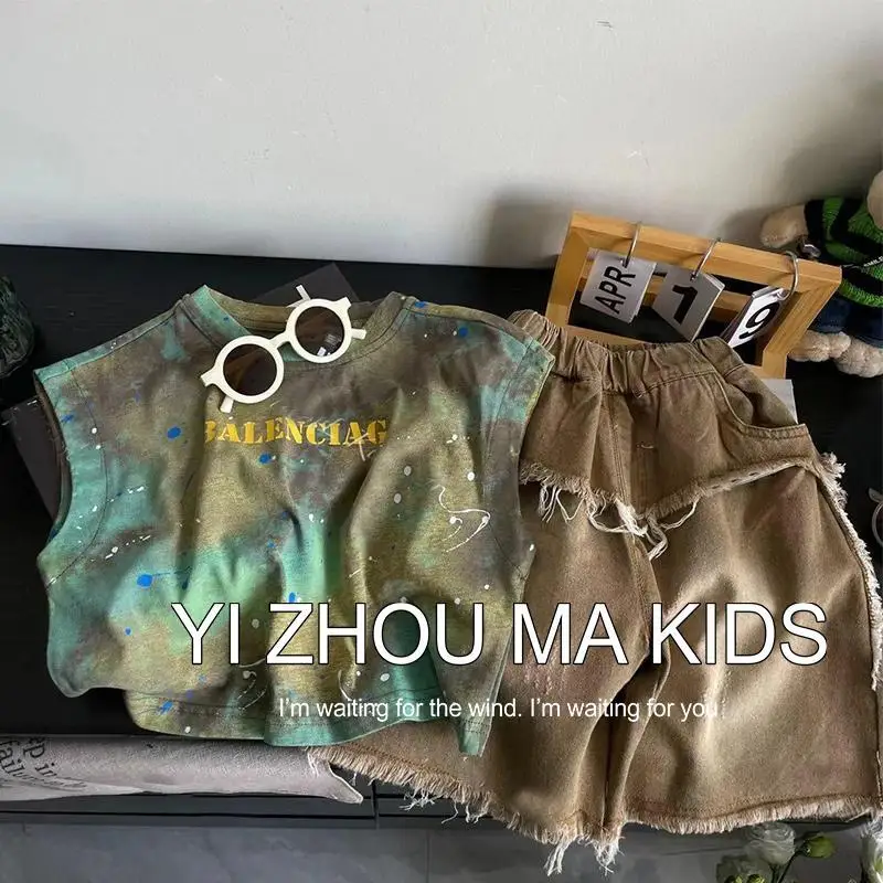 

Summer Fashion Baby Denim Sleeveless Set Boys Letter Top Tshirt+Jean Shorts 2pcs Children Set Casual Sportswear 2PCS Streetwear