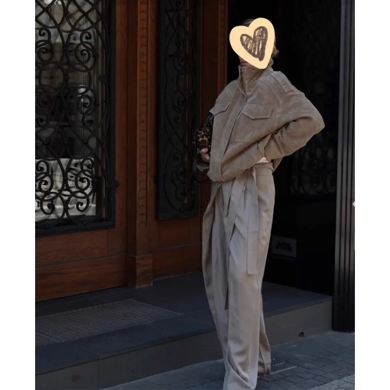 2025 outono nova moda casual feminina retro temperamento simples solto gola alta manga longa jaqueta