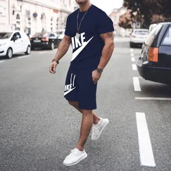 Summer men's Clothing Two Pieces Sets Mens Casual Tracksuit Men Print short sleeve Sets mens t-shirt+shorts Fitness Sportswear