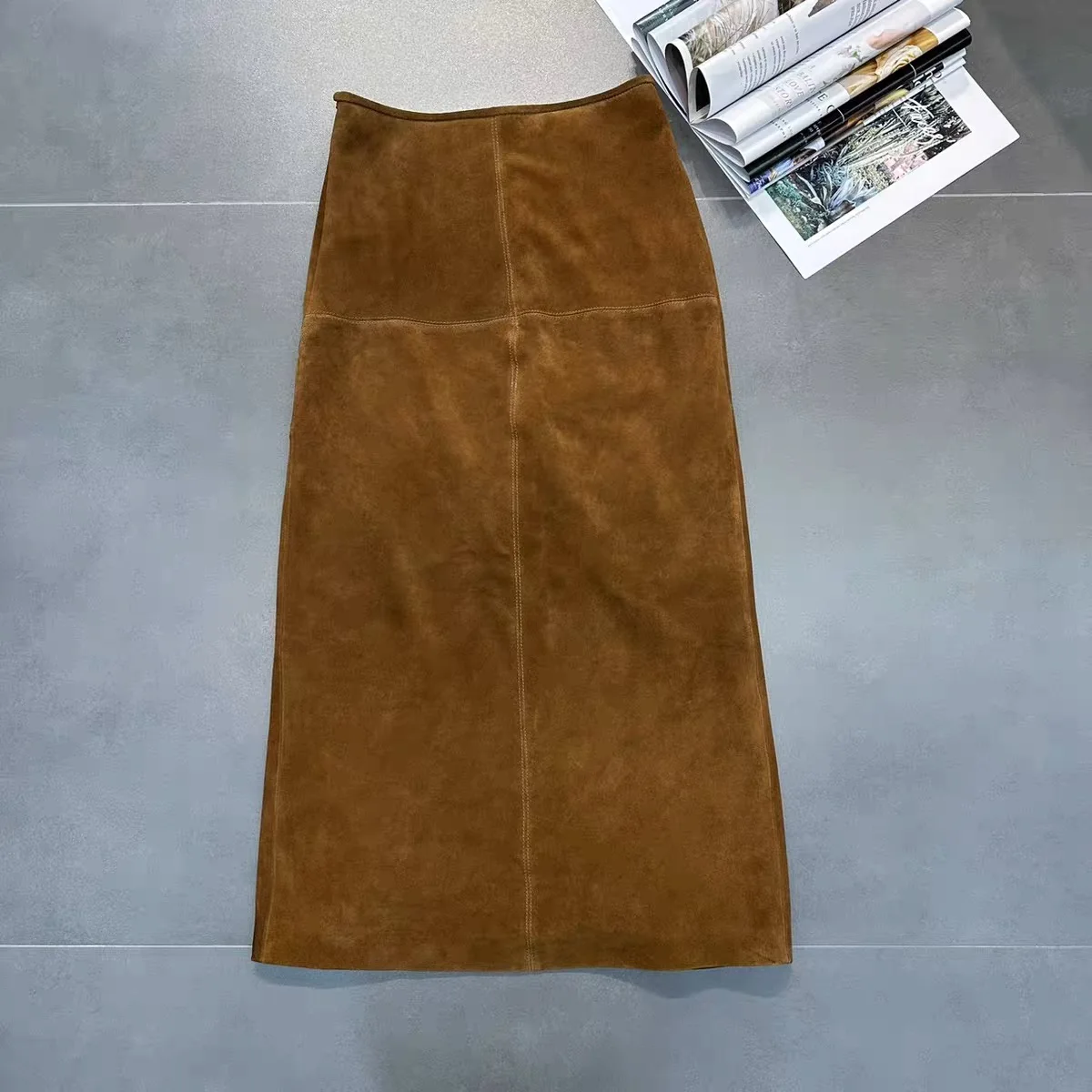 Retro High Grade Suede Real Leather Long Skirt 80cm For Women Upgraded Imported Jupe Back Split Waist Loop Faldas Ankle-Length