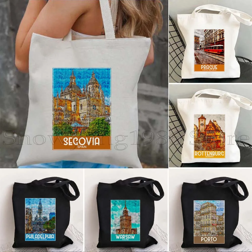 Warsaw Philadelphia Porto Prague Rottenburg Rotterdam Salzburg Schwangau Segovia Tubingen Ink Watercolor Canvas Tote Bag Handbag