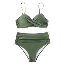 Spring And Summer Sexy Based Print Split High Waist Bikini Swimsuit For Women Two Piece Solid Color Swimwear 2024 Woman Push Up
