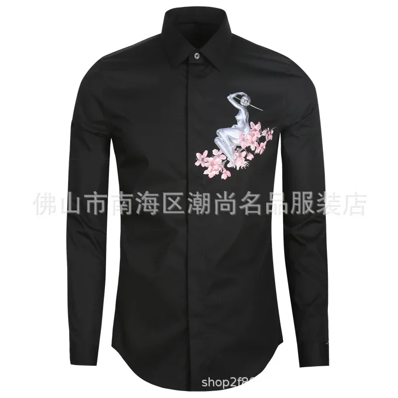 European and American style new long sleeved men's shirt fashionable wrap up print trendy shirt