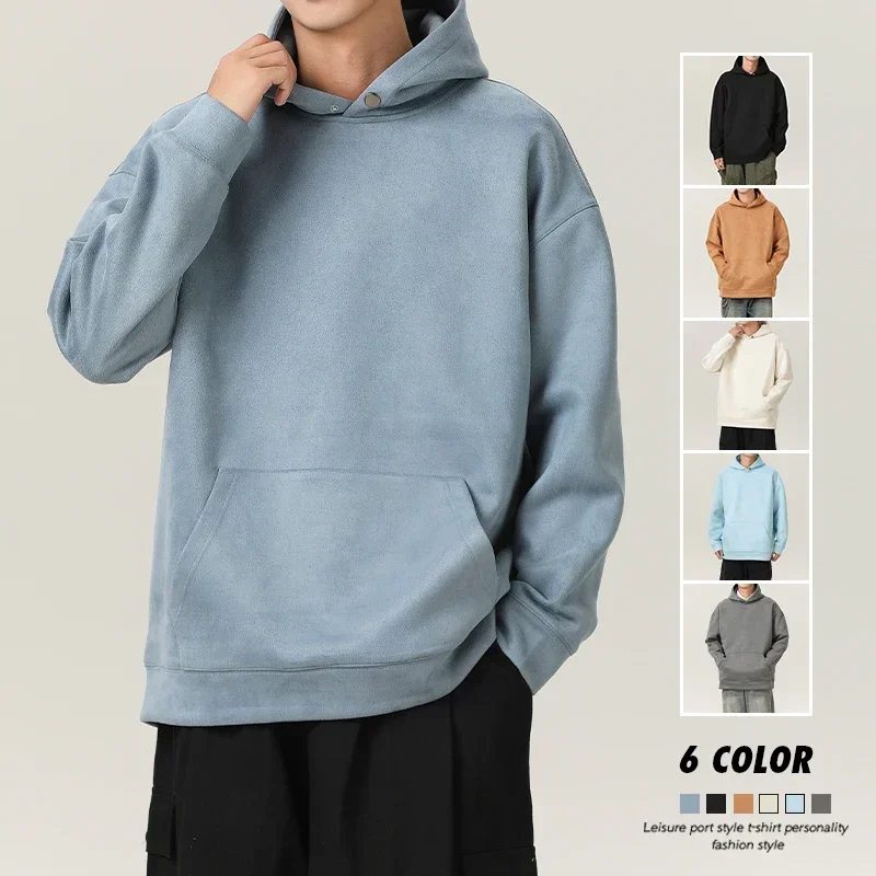 Winter New High Neck Suede Sweatshirt Men Metal Buckle Hoodie College Style Solid Color Hoodie Casual Sports Loose Couple Top