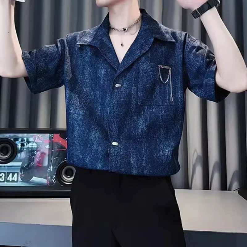 

Лето 2025 года, рубашки с воротником, мужская свободная повседневная рубашка с коротким рукавом, модная универсальная уличная рубашка для социальных вечеринок, мужская одежда