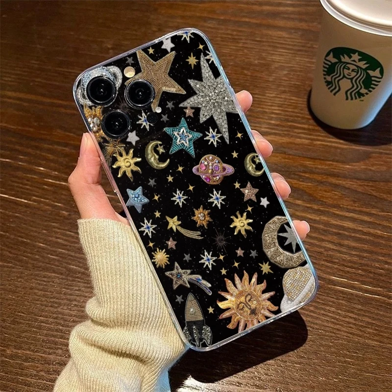 

Boho Celestial Stars Phone Case For iPhone 17 Air 16E 16 15 14 11 Pro Max Plus 13 12 Mini 8 7 X Transparent Shockproof Cover