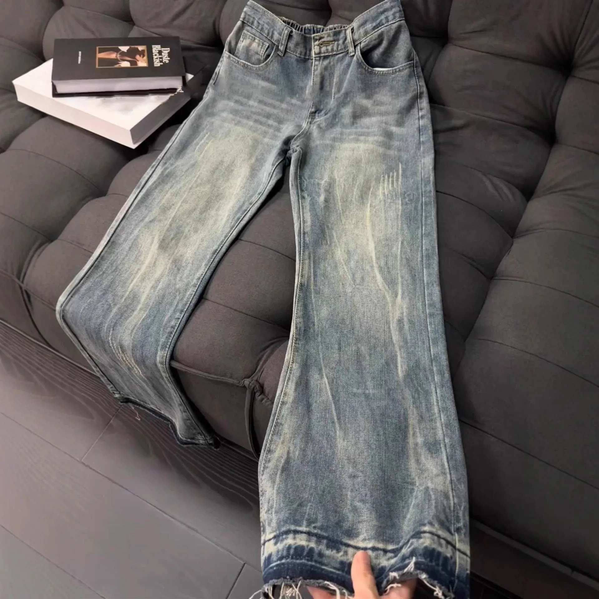

2025 American Retro Cat Scratch Jeans Men's Summer Thin Cut Cleanfit Slimming Pants High Street Micro Flared Straight Leg Pants