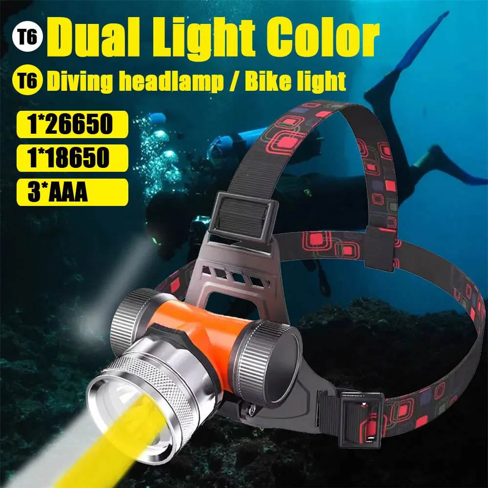 

High Power Double Lamp Bead LED Diving Headlamp Flashlight Torch IP68 Waterproof Underwater 100M Dive Light with 5000mah Battery