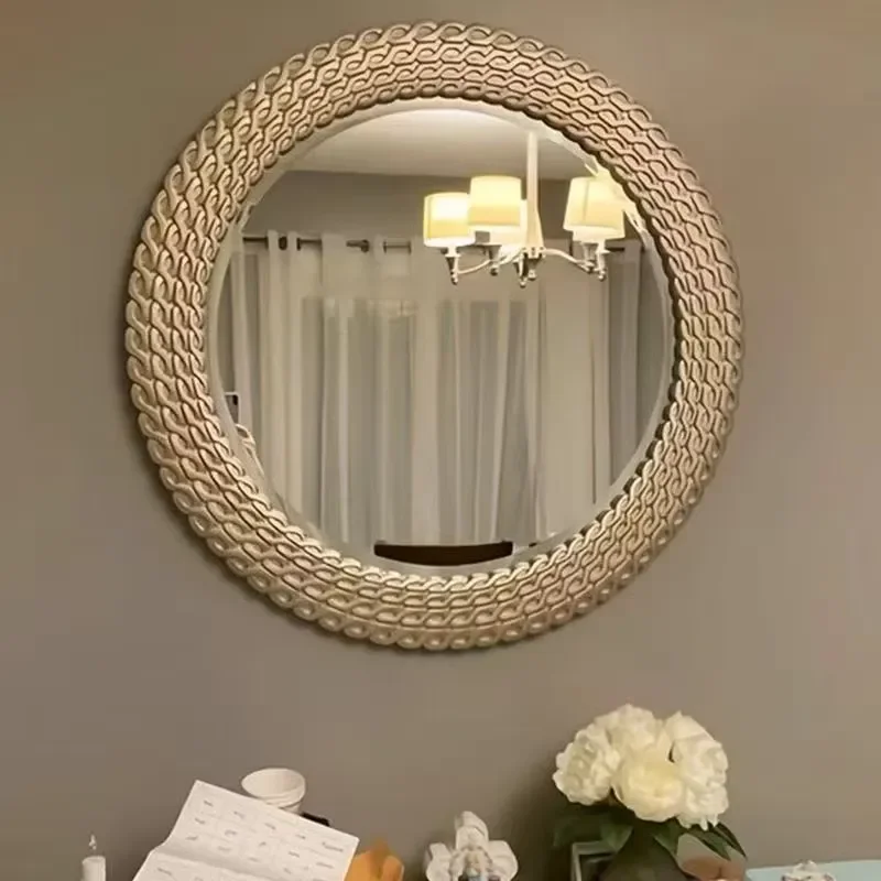 80x80cm French Round Decorative Mirror European Light Luxury Wall Mounted Mirror for Entrance Bathroom Living Room Home Decor