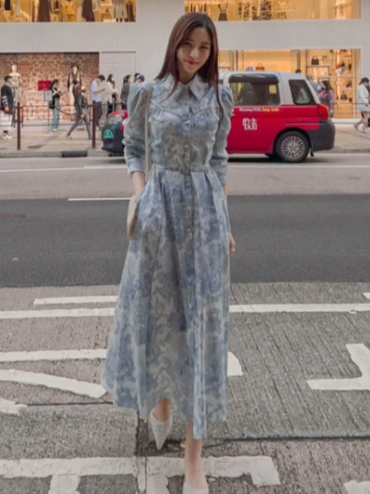 Ele rétro Long Sve Dr avec ceinture taille et col chiffre d'affaires conception de peinture à l'encre traditionnelle chinoise Faion pour femmes