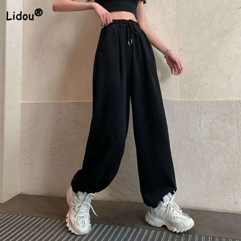 Trend Casual Solid Sports Pants for Women Autumn Winter Loose All-match Thickening Drawstring High Waist Trousers for Female