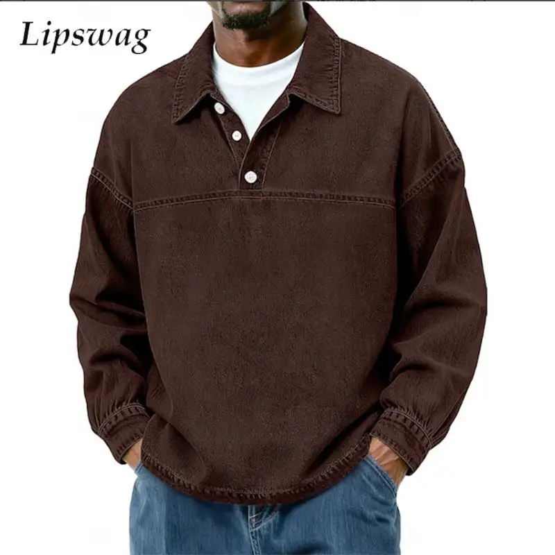 Fashionable Lapel Polo Shirts Mens 2026 Fall Lapel Long Sleeve Pullover Vintage Solid Color Loose Fit Breathable Jean Shirts Men