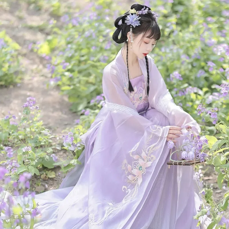 Heyue Hanfu กระโปรงบัลเล่ต์ผู้หญิง, แขนใหญ่เสื้อเชิ้ตชิ้นเดียวปักอุตสาหกรรมหนักฤดูใบไม้ผลิและฤดูร้อน