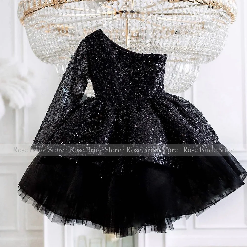 Black Party Dresses for Girls Ball gown One Shoulder Long Sleeve Flower  Dress Short Sequined Beaded Luxury flower  Gown