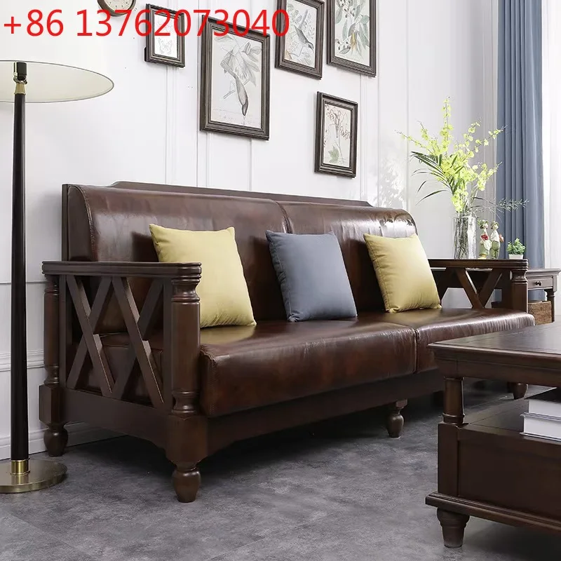 

Американский диван из массива дерева с обивкой из натуральной кожи (первый слой воловьей кожи), мягкий, для гостиной, комбинация 123.