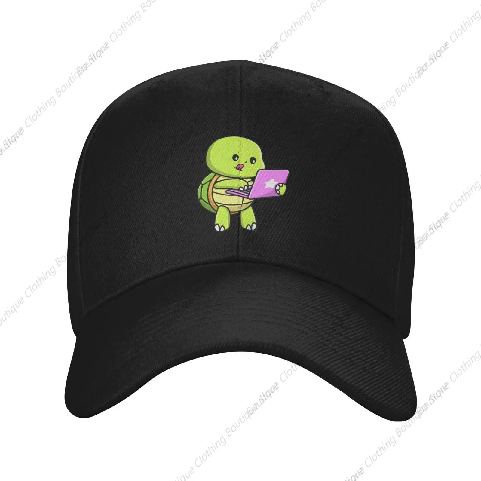 Cute Turtle Playing with Laptop Baseball Cap Women Men Hats Adjustable Trucker Sun Hat Dad Golf Caps Black