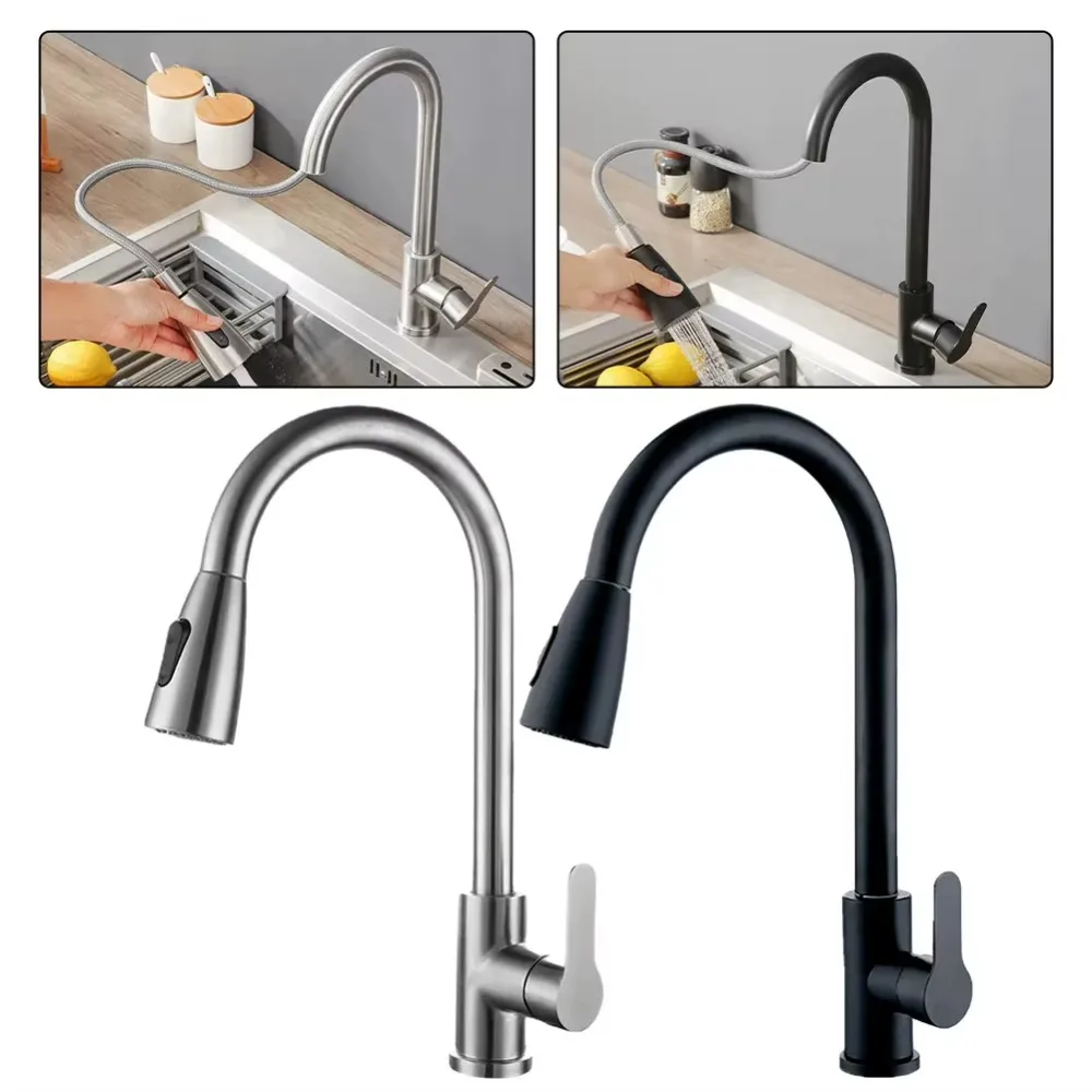 Pull Out Kitchen Faucets Stainless Steel Splash-proof Kitchen Sink Tap 360° Rotating Dual Water Outlet Mode Hot Cold Taps