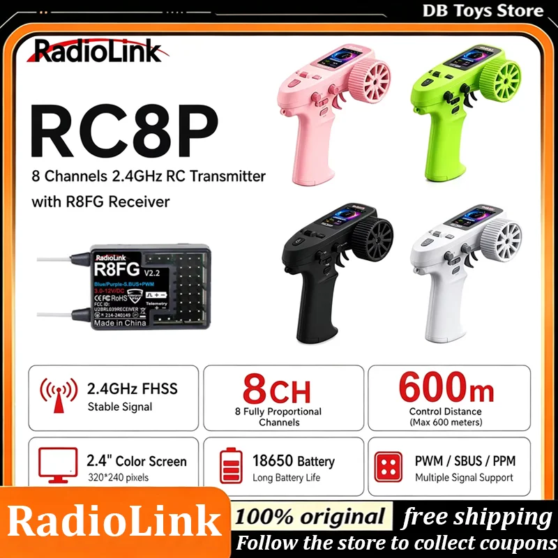Radiolink RC8P 8CH 2.4GHz RC Transmitter Color Screen Voice Broadcast Pocket Remote with R8FG Receiver for RC Crawlers Car Boat