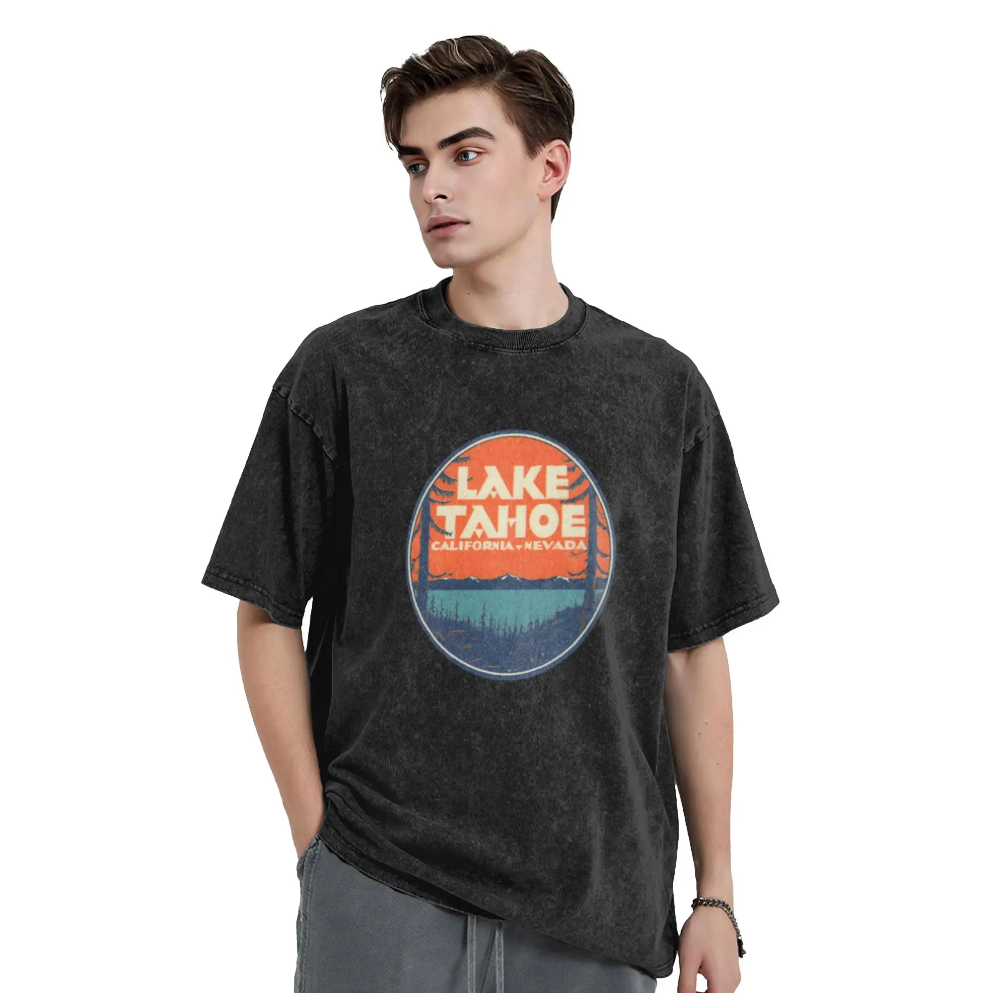 Lake Tahoe California Nevada Vintage State Travel Decal  Classic A Washed T Shirt Men's Women's Oversized Cotton Tees Tops