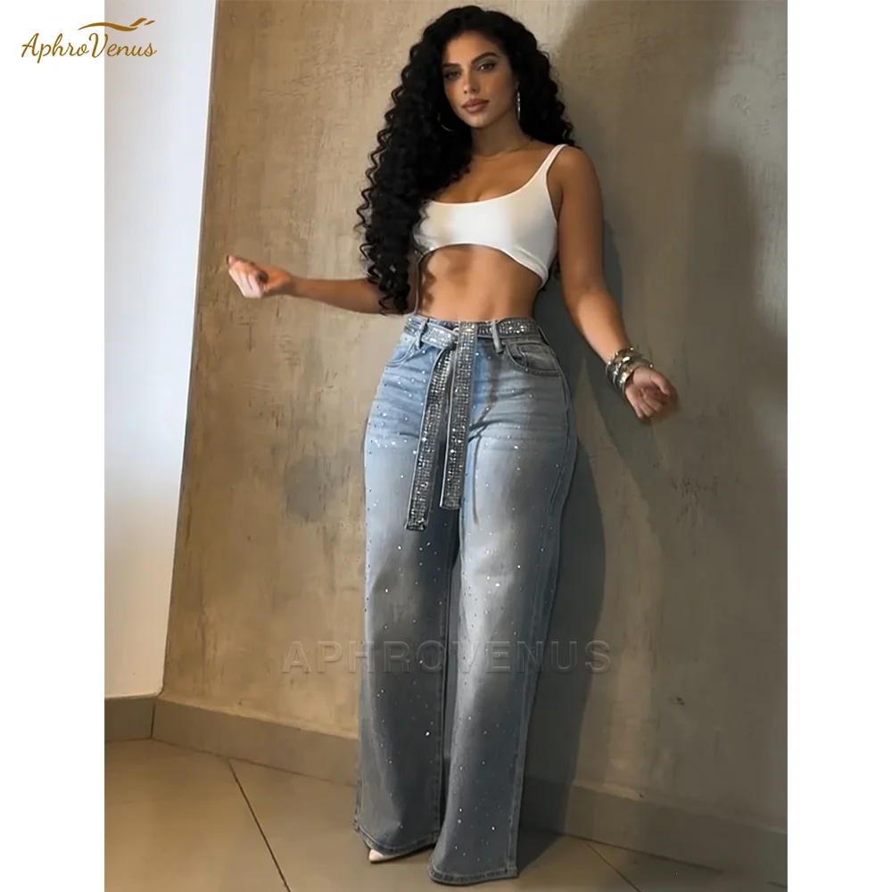 

Fashion Women's Rhinestone Decor Straight Leg Jeans Pants Stylish Baggy Pants Y2k Streetwear Outfit Wide Leg Loose Jeans