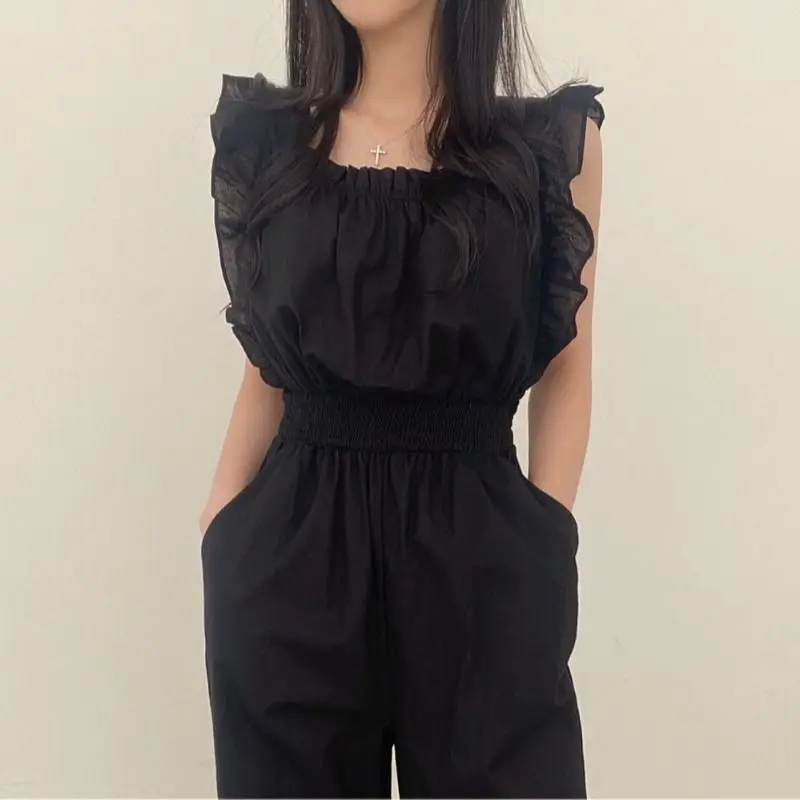 Korean Commute 2024 Summer Women's Pants Solid Color Patchwork Elastic Shirring Ruffles Square Neck Short Sleeve Slim Jumpsuits