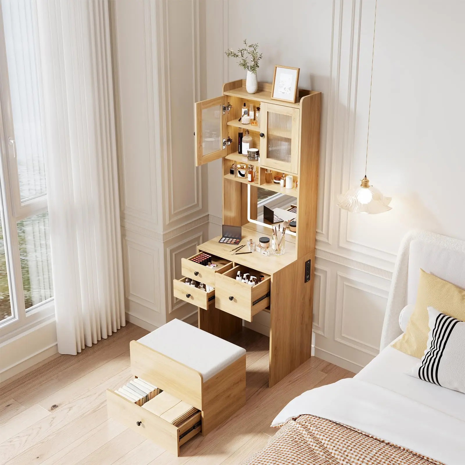 3 In 1 Vanity Desk with LED Light, Multifunctional Makeup Table With 2 AC Outlets & USB-C, Storage Drawers & Cushioned Chair