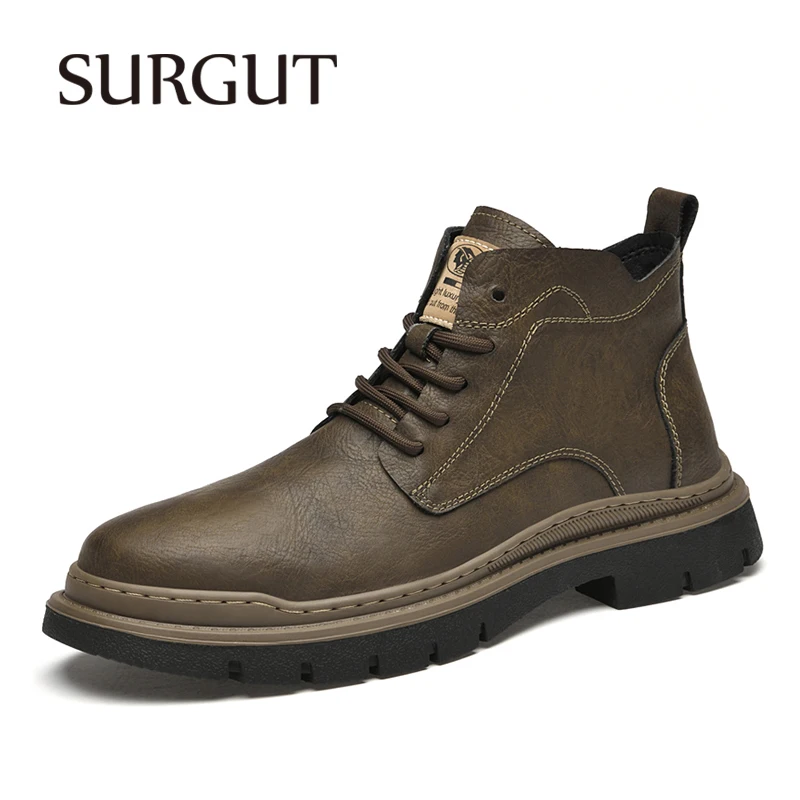 SURGUT Men\'s Fashion Casual Boots Leather Ankle Boots British Style Autumn Winter Warm Fur Comfortable Shoes Durable Men Boots