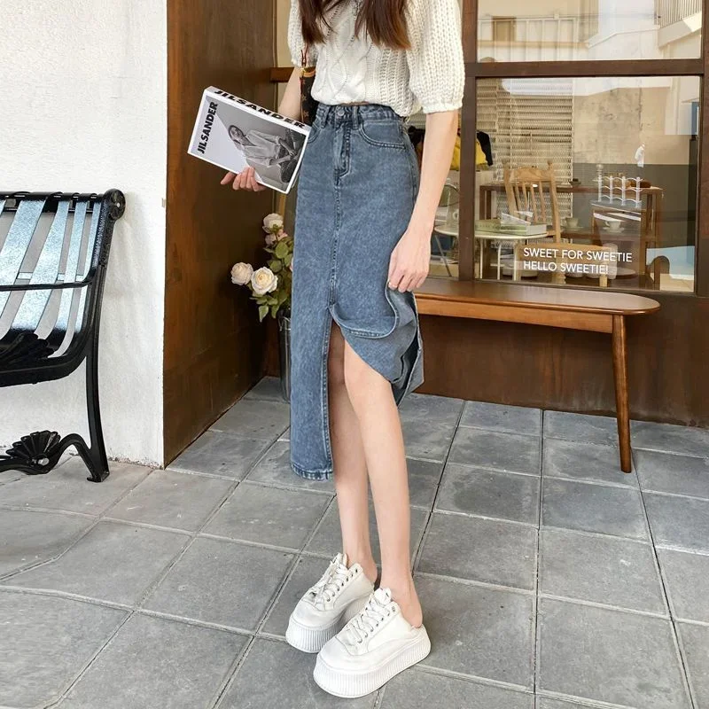 Skirts for Woman Tight Women's Skirt Denim Midi Clothes with Slit Jeans Pencil Wrap High Waist Summer 2024 Premium Cheap A Line