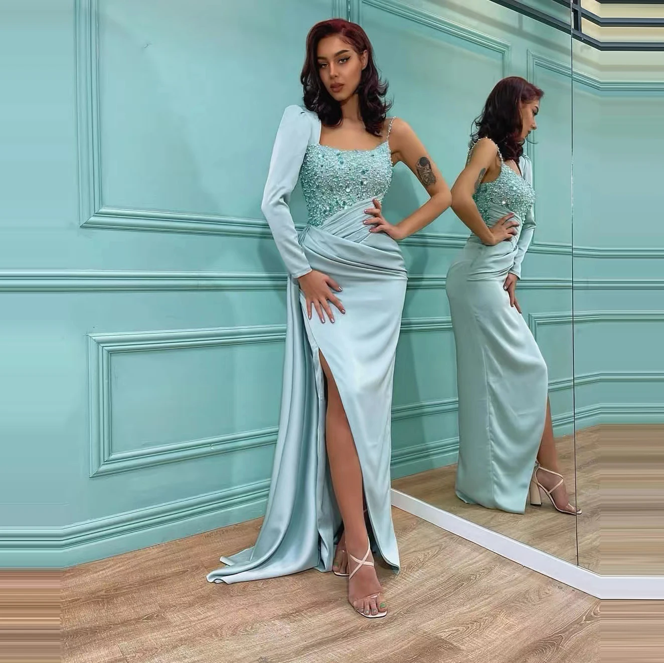 

Изысканные блестящие вечерние платья Русалка Женские сексуальные блестящие на одно плечо с разрезом атласные платья для выпускного вечера модные платья