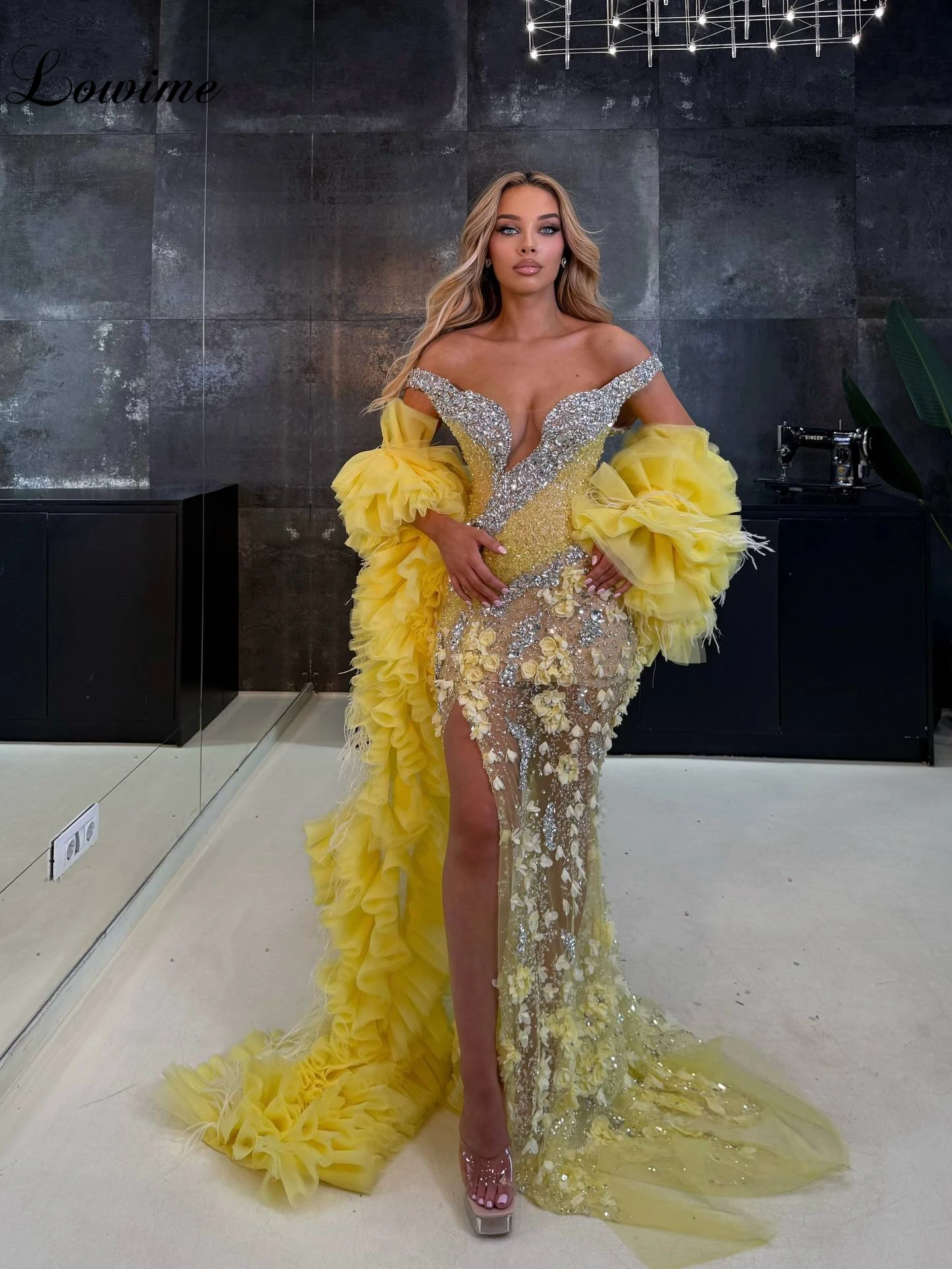 2025 nieuwste gele beroemdheidsjurken met kristallen off-shoulder zeemeermin rode loper runway-jurken vestidos de gala aangepast