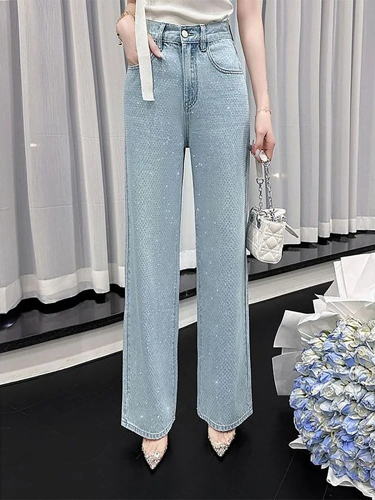 

Весна 2023, роскошные тяжелые джинсы Du iny Diamond Embellied, повседневные светло-голубые прямые джинсы с высокой талией, женские джинсы премиум-класса