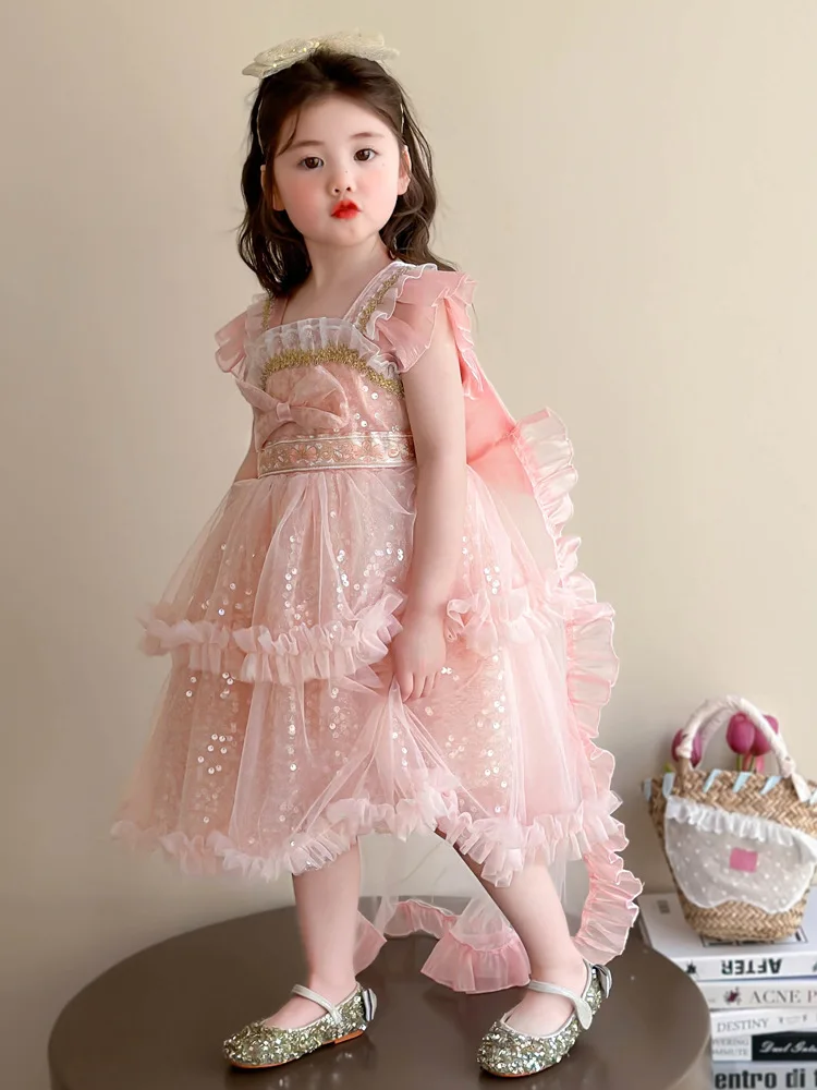 

2025Girls' Summer New Western Style High-End Sequined Bow Flounced Sleeve Suspender Dress