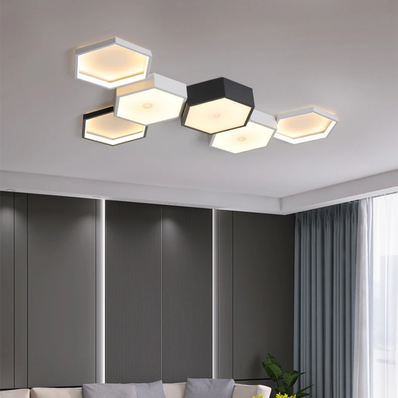 luz de teto hexagonal led nordic black and white estilo minimalista quarto sala de estar iluminacao de decoracao 01