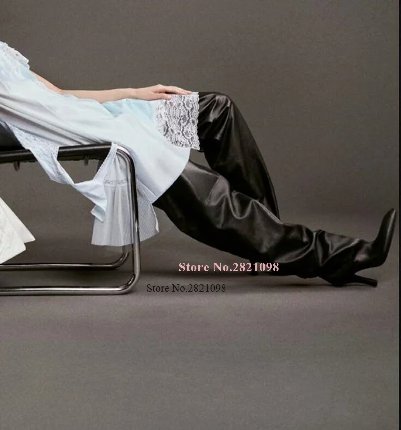 

Lace Up Black Leather Pants Higgh Heel Knee Length Boots Women Chunky Heeled Square Toe Autumn Winter Long Sock Bota