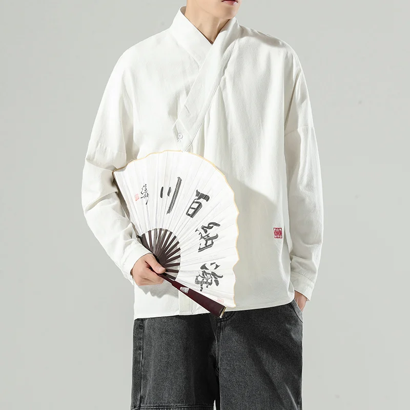 

Chinese Traditional Dress Wu Dang Tai Chi Coat Plus Size Hanfu Black Kung Fu Uniform Cotton Linen Long Sleeve Shirt Top Men