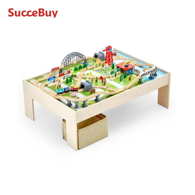 SucceBuy Table de Train en bois 3 en 1, 120 pièces, accessoires multicolores, Table d'activité pour enfants, ensemble de jouets pour enfants, jeu, dessin, lecture