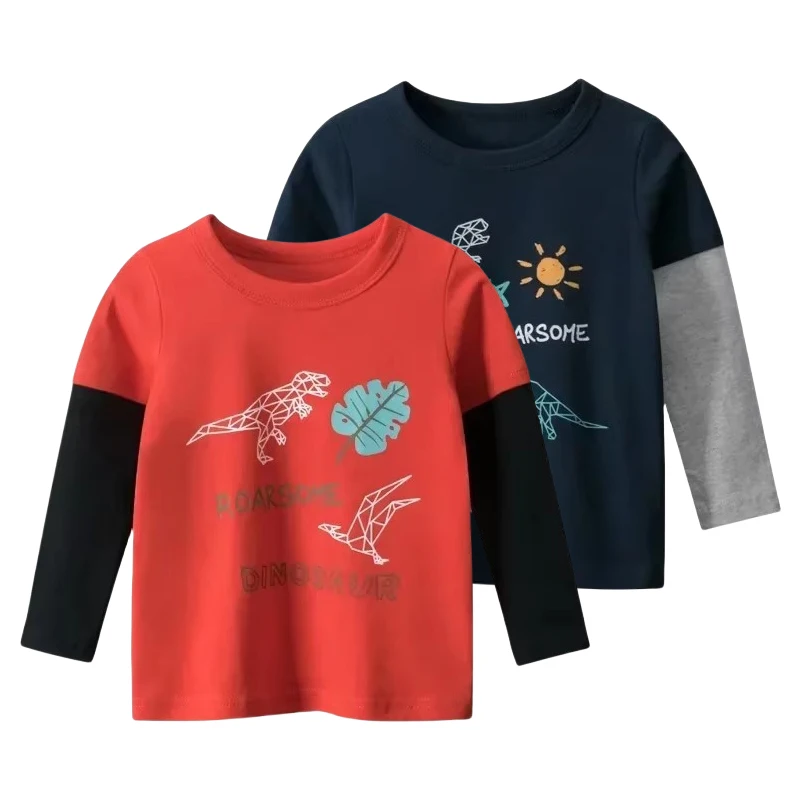 

2025 Spring Autumn New Cartoon Dinosaur T Shirt Boys Letter Print Children's T-Shirt Long Sleeve O-Neck Cotton Kids Tops 2-9Y