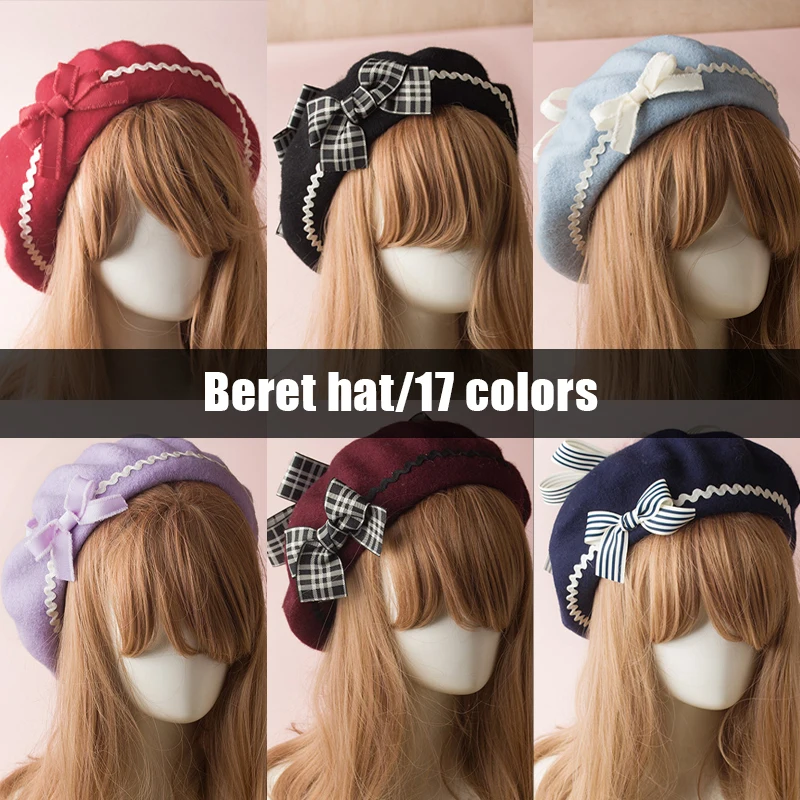 17 Colors Girls Bowknot Sailor Style Lolita Berets Wool Blend Hat Women Girls Plaids Stripe Preppy Chic College Students Cap