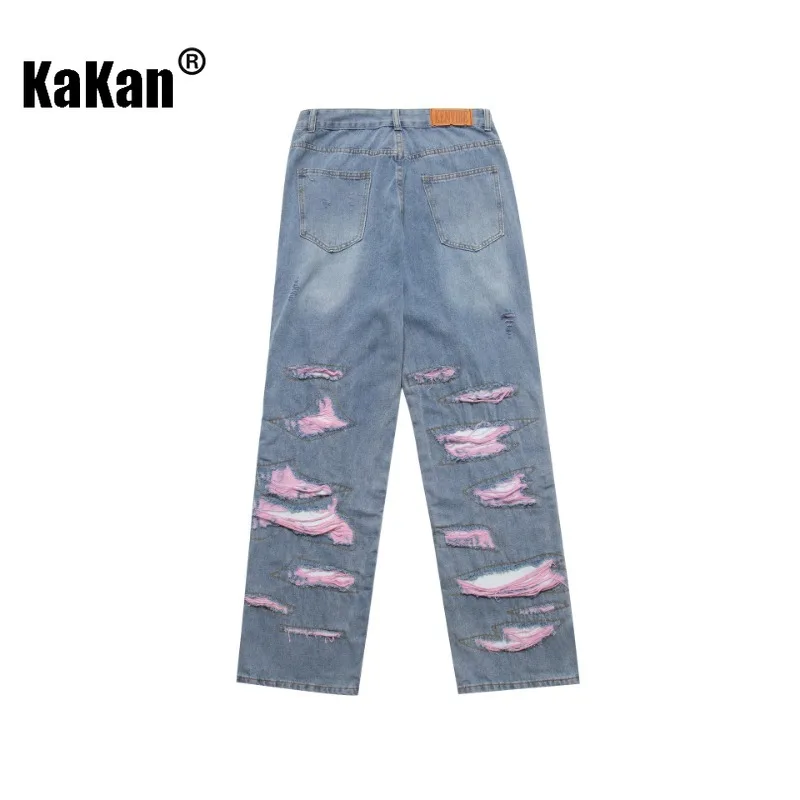 Kakan-Europa y Estados Unidos nuevos pantalones vaqueros lavados con agujeros rotos rosas para hombres, pantalones vaqueros largos de calle Retro K27-1016