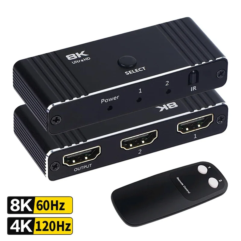 

8K Bi-Directional HDMI2.1 Switcher 2x1 4K@120Hz 48Gbps Ultra HD HDMI Splitter Switch 2 in 1 out with Remote Control for PS5 Xbox