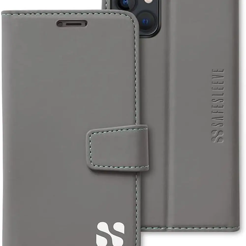

Серый веганский кожаный чехол-кошелек для iPhone 14, слот для карт, регулируемой подставкой и защитным чехлом для повседневного использования