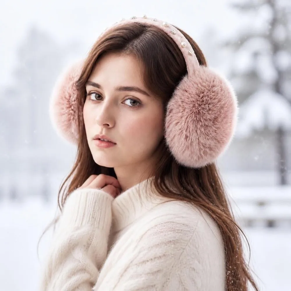 New Pearl Rhinestone Decor Faux Fur Earmuffs Plush Soft Winter Ear Warmers Fluffy Cold‑proof Soft Fluffy Earmuffs Cycling