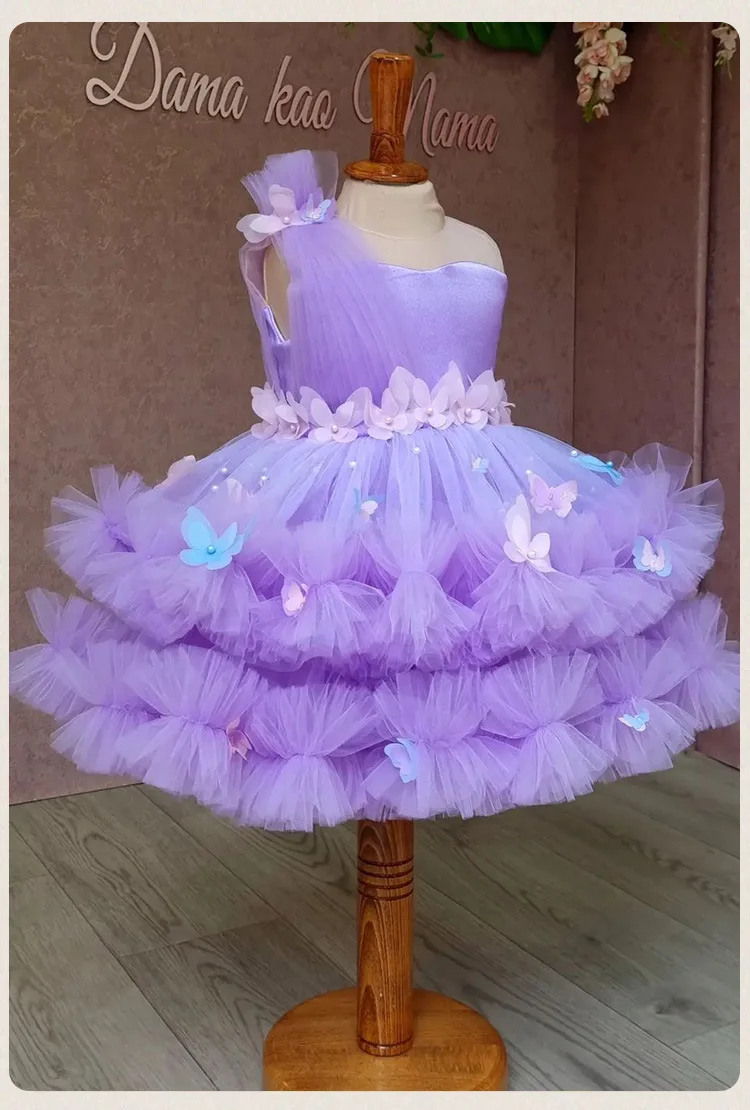 Pink Purple Flower Girl Dress For Wedding Butterfly Applique Tulle Puffy With Bow Kids Birthday First Communion Princess Gowns