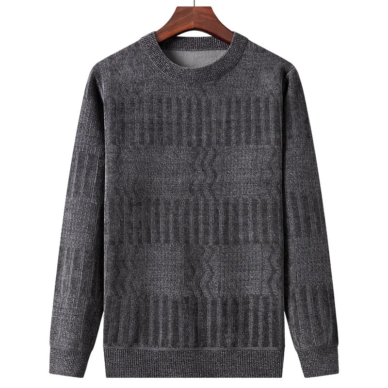 Autumn and Winter Middle-aged Men\'s Solid Color Patterned Sweater Plush and Thick Round Neck Loose and Warm Knit Sweater Top