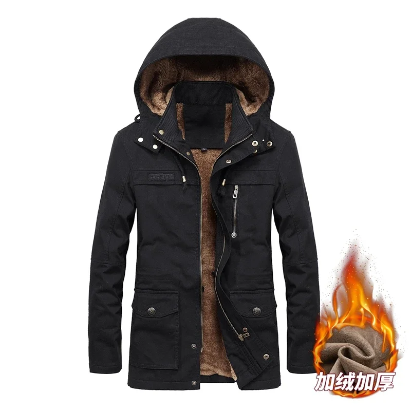 سترة الرجال معاطف 2024 الشتاء سترة الرجال رشاقته مقنعين طويلة سترات متعددة جيب المسنين سترة قطن الشتاء يندبروف رجل سترة