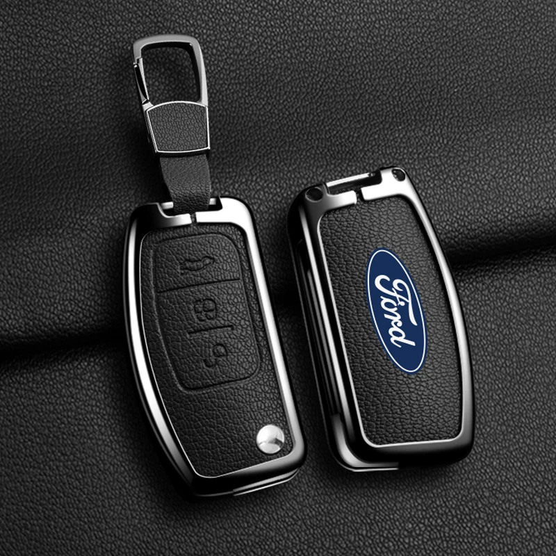 Zinc Alloy Leather Car 3 Buttons Flip Key Case Cover Smart Remote Shell For Ford Fiesta Focus MK2 Mondeo Kuga Galaxy C-Max S-Max