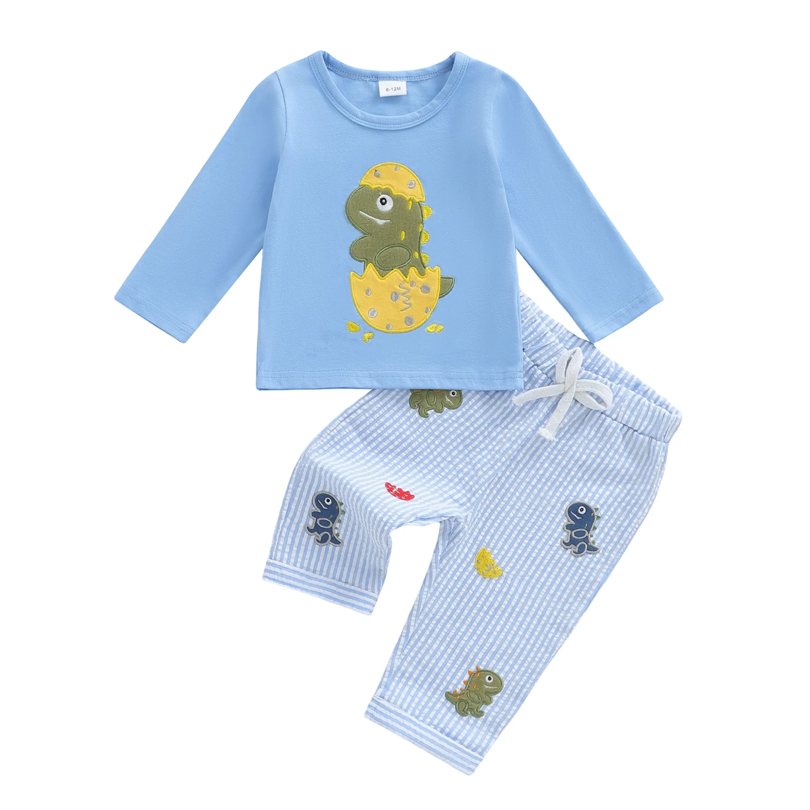 

Осенняя одежда для маленьких мальчиков, пуловер с длинными рукавами и круглым вырезом с вышивкой динозавра, штаны в полоску с эластичной резинкой на талии, комплект из 2 предметов