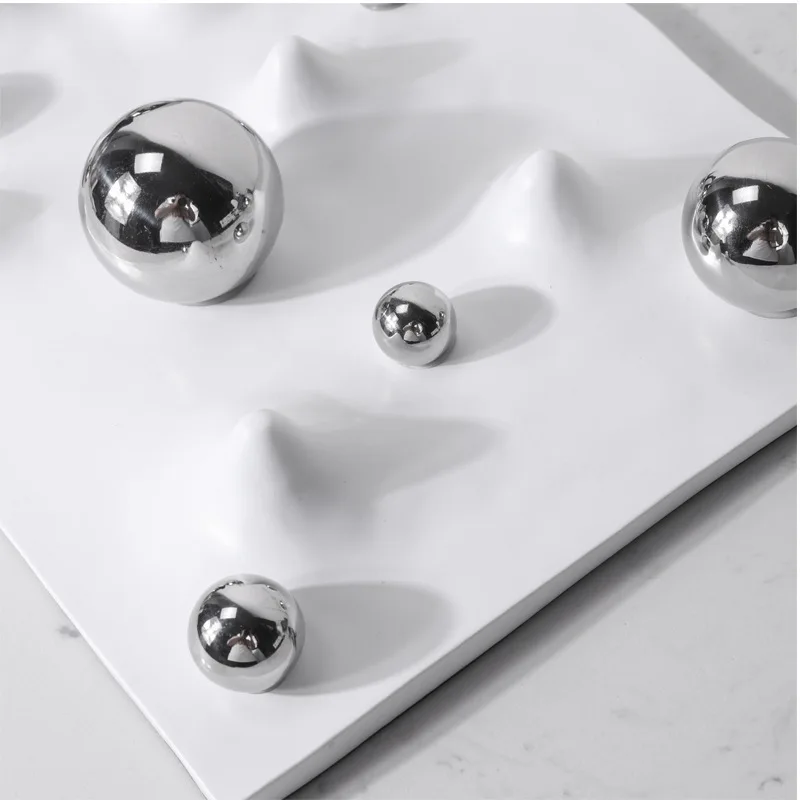 Modern Abstract Undulating Mountain Terrain White Base Sculpture Mirror Polished Stainless Steel Silver Spheres Desktop Decor