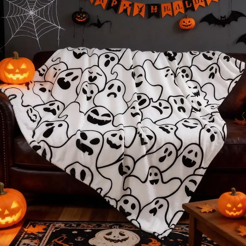 VIKAMA Halloween Ghost Flannel Throw Blanket Cute Line Ghost Print Soft Warm Holiday Sofa Bedroom Decor Blanket